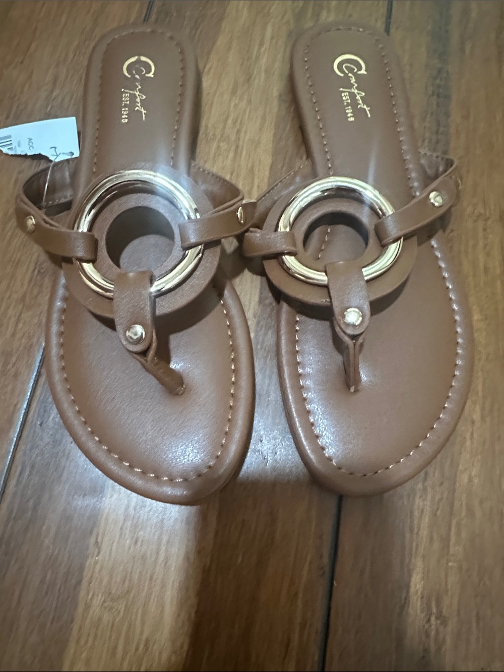 comfort plus, Tan Thong Sandals with Gold Ring Accent